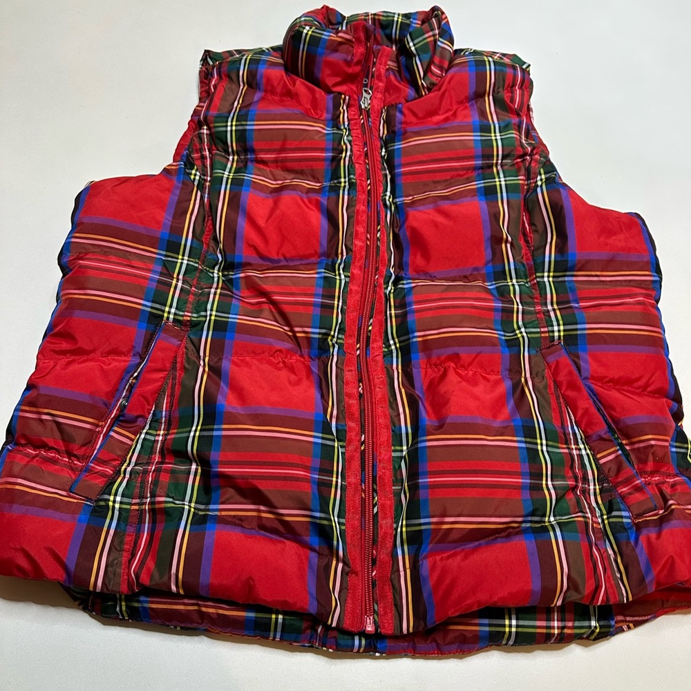 Lands' End Red Plaid Puffer Vest